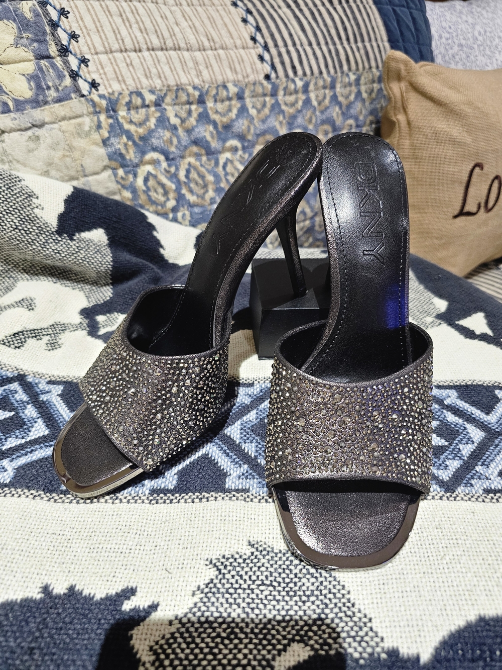DKNY Black Crystal Embellished Slide Heels